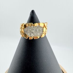 Vintage Gold Tone Nugget Ring Clear Rhinestone Pave Cluster Texture Statement